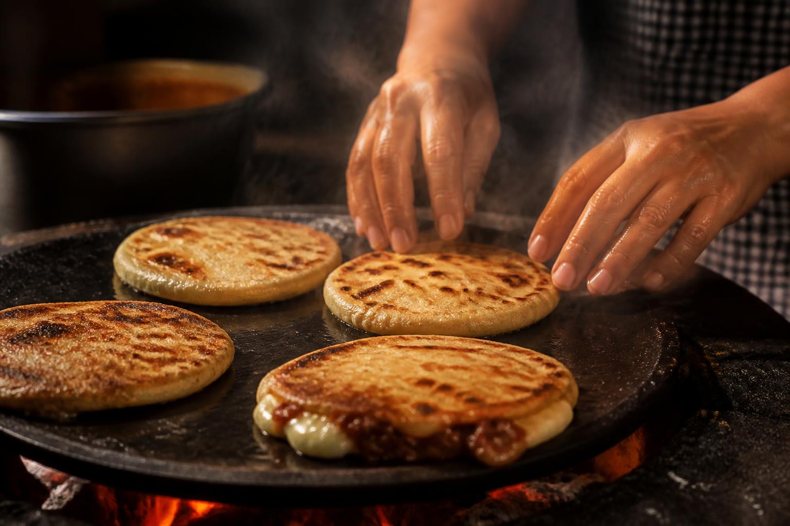 Hands griddling fresh pupusas on a hot comal